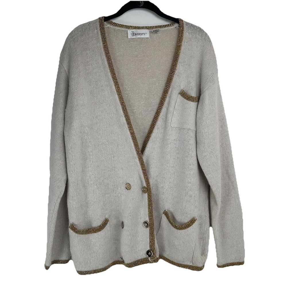 Vintage Women's Double Breasted Cardigan Size Large Cream Gold Angora Heritage